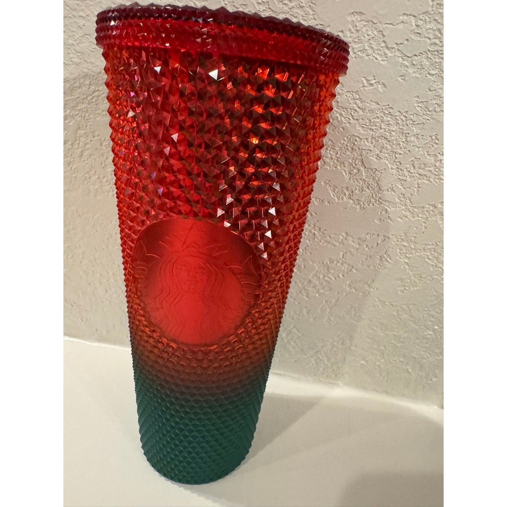 Starbucks Disney World Christmas Red Green Ombre Studded Tumbler 24oz Lid Damage